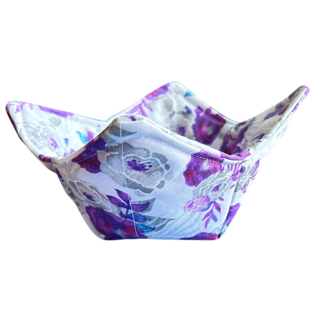 Hand Crafted Trinket Bowl Basket Colorful Floral Purple Cotton Fabric Decor